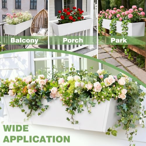 2PC White Railing Planter for Outdoor Plants 36 Inch Metal Hanging Planters Pots with Adjustable Brackets and Drainage Railing Planter Boxes Hanging Flower Pots for Balcony Deck Railings Patio Dec - color: White