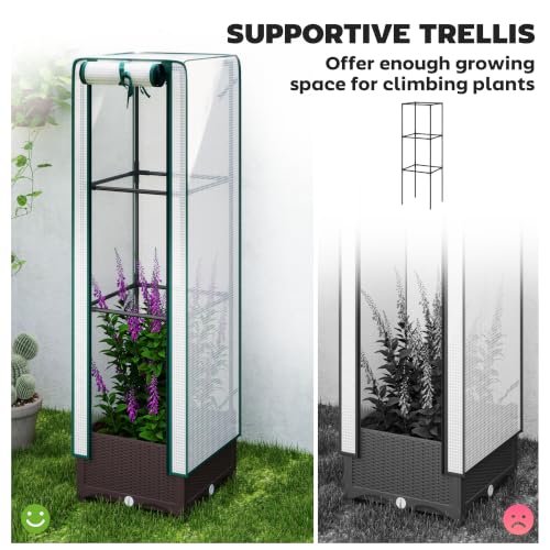 Outsunny Plastic Raised Garden Bed with Trellis 15.7" x 15.7" x 48.8" Brown - size: 15.7" x 15.7" x 48.8"