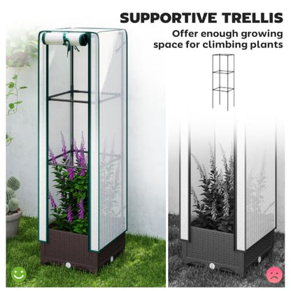 Outsunny Plastic Raised Garden Bed with Trellis 15.7" x 15.7" x 48.8" Brown - size: 15.7" x 15.7" x 48.8"