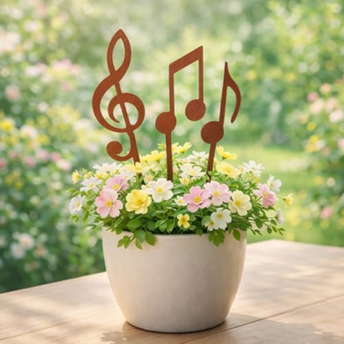 Metal Garden Decor Music Note Plant Stake Set for Flower Pots, Steel