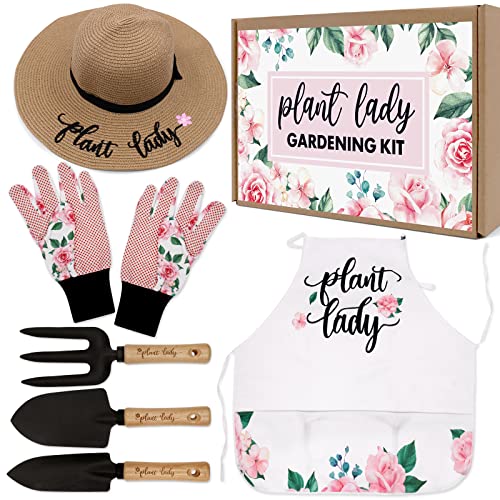 Percozzi Plant Lady Gardening Tool Gifts for Mom Gardening Tools Kit Planting Tools Straw Hat Floral Apron Glove for Her Mother Spring Grandmother Plant Lover Gift Horticulture Starter