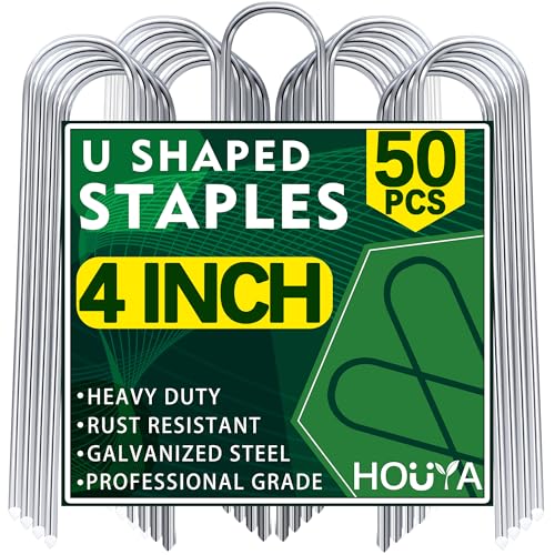 50 Pack Garden Stakes 4 Inch U-Shaped Drip Irrigation Stakes Galvanized Landscape Staples Garden Pins Yard Lawn Ground Stakes for Soaker Hose Drip Line Tubing Landscape Fabric Weed Barrier - size: 4 Inch