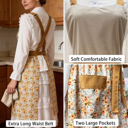 Pinafore Apron Dress for Women with Pockets Adjustable Floral Kitchen Apron - color: Beige