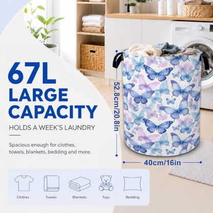 Blue Butterfly Laundry Hamper,Collapsible Laundry Baskets, Dirty Clothes Baskets with Handles,Oxford Cloth Hamper for Bedroom,Bathroom,Laundry Room,College Dorms,16"x20" - color: Blue Butterfly