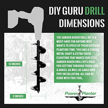 Power Planter DIY Guru Garden Auger- 3"x12" Drill Bit Hole Digger for Post Diggers, Digging Holes- Bulb Planter Tool- Auger Drill for Planting- Garden Digging Tool- 3/8" Non-Slip Hex Drive - color: Black