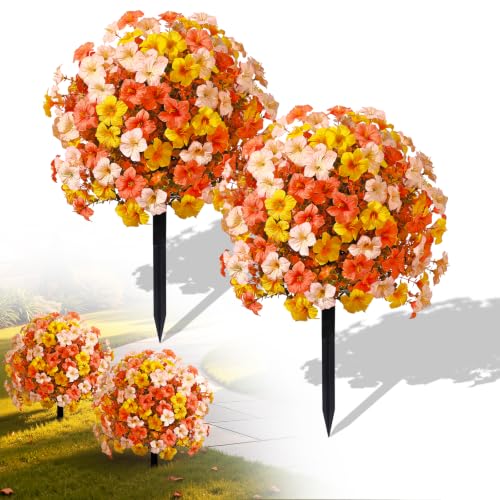 SHareconn 2Pcs Artificial Fall Flowers for Outdoors UV Resistant Decoration - color: Orange Red Light Apricot