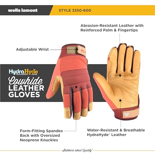 Wells Lamont Women's HydraHyde Leather Hybrid Gloves - color: Red/Tan, size: Large, style: 1-pack