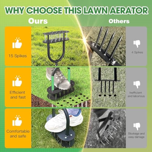 15 Steel Spikes Lawn Aerator with Spring Assist for Yard Garden
