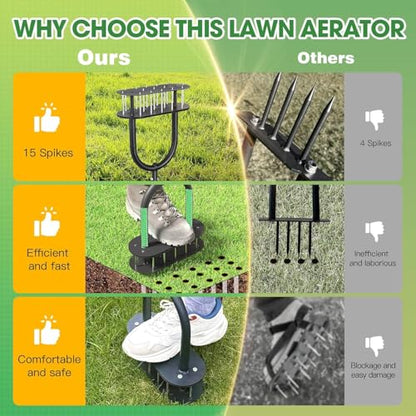 15 Steel Spikes Lawn Aerator with Spring Assist for Yard Garden