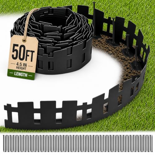 Garden Edging Border 50FT, 4.5 in Black Picket Fence Border for Lawn & Yard - size: 50FT-4.5inch-BLACK