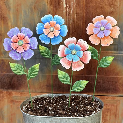 Metal Flowers for Outside, 4 Pcs 16.5 Inch Decorative Garden Stakes, Hand Painted Tin Metal Garden Decor with Glitter, Weather Resistant Outdoor Art for Patio Lawn Yard - color: Pink, Orange, Purple, Blue