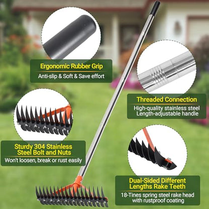 62.5 Inch Thatch Rake for Lawns 18 Sharp Tempered Spring Steel Tines - style: Thatch Rake