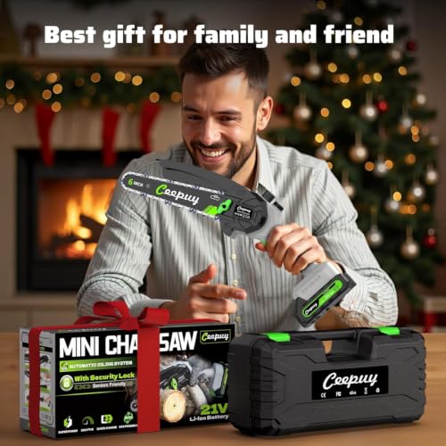 CEEPUY Mini Chainsaw Cordless,6 Inch Portable Electric Chainsaw with 2 Batterys/Automatic Oiler/Security Lock/Powered Small Handheld Saw for Trees Branches Trimming,Gifts for Father Men Dad Husband - size: Light Gray 6-inch