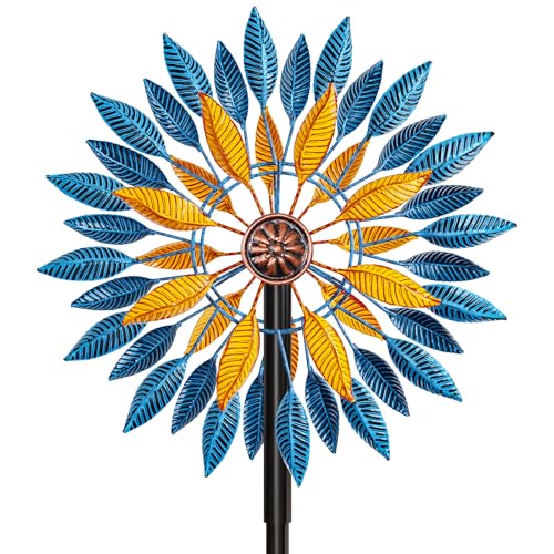 Metal Wind Spinners Outdoor Kinetic Sculpture 5-Prong Base for Garden Yard - color: Blue+yellow