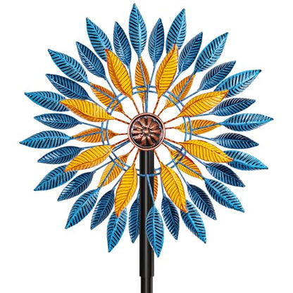 Metal Wind Spinners Outdoor Kinetic Sculpture 5-Prong Base for Garden Yard - color: Blue+yellow