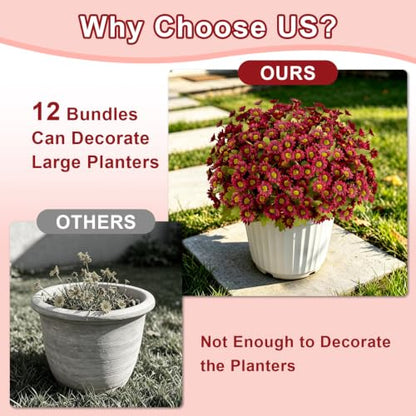 Artificial Daisy Mums for Outdoors, 12 PCS Fall Flowers, Burgundy - color: Burgundy
