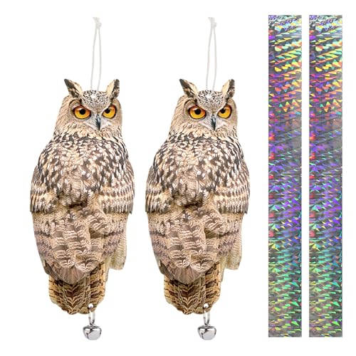 2PCS Reflective Hanging Ow Scarer Devices Owl Hanging Decoration Woodpecker Control Device with Reflective Tape for Garden Patio Windows Farm - color: 2 Light Brown Eagle