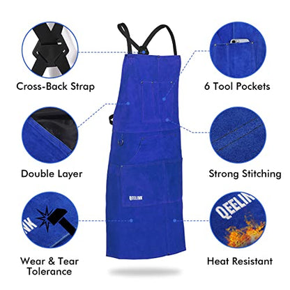 QeeLink Leather Welding Apron 6 Pockets Heat Flame Resistant for Blacksmith - color: Blue, size: 24"x 36"