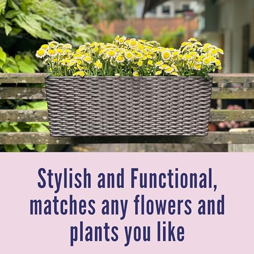 LaLaGreen Outdoor Rail Planter for Balcony (20 Inch, 2 Pack) Large Black Self Watering Railing Planters with Brackets, Rectangular Plastic Window Flower Box Fence Designer Choice with Rattan Pattern - color: Brown X 2