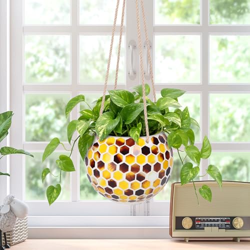 Ceramic Hanging Planter, Yellow Mosaic Bee Style Flower Plant Pot - color: Yellow