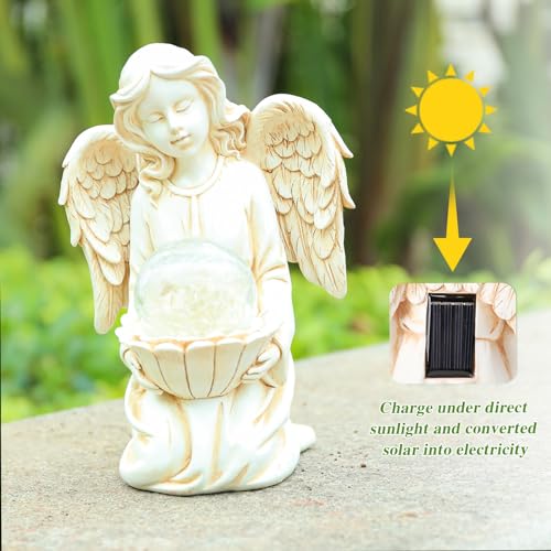 Angel Garden Statues, Outdoor Angel Holding Lotus with Crackled Glass Globe - style: Lotus
