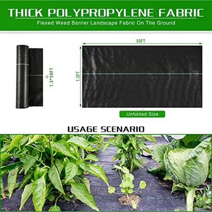 Weed Barrier Landscape Fabric Heavy Duty, 1.3FT x 50FT Thicken Garden Fabric Weed Mats, Weed Control Garden Cloth, Woven Geotextile Fabric for Garden Beds, Underlayment, Commercial Driveway - color: 1.3X50FT