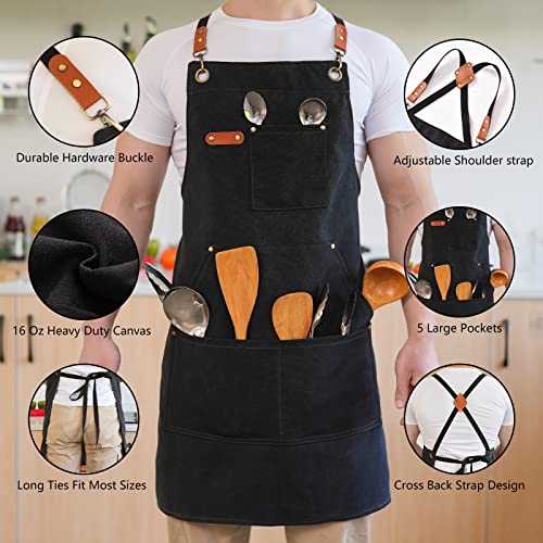 Aoomzoon Canvas Aprons for Men Women, Heavy Duty BBQ Apron with Pockets - color: Black②