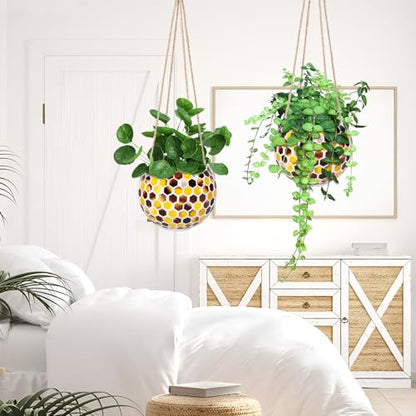 Ceramic Hanging Planter, Yellow Mosaic Bee Style Flower Plant Pot - color: Yellow