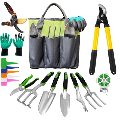 Gardening Tools – 42 Piece Premium Gardening Tool Set,Heavy Duty Hand Tools with Fashion Garden Tools Organizer Handbag,Rust-Proof Gardening Tool Kit, Ideal Gardening Gifts for All (Green/Grey) - color: Green/Grey