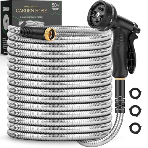 Garden Hose 50 FT, Metal Stainless Steel Water Hose with 10 Function Nozzle - color: Silver, size: 50FT