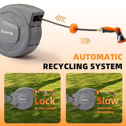 Retractable Garden Hose Reel, 1/2 inch x 65 ft Water Hose Reel Wall Mounted, Any Length Lock, Slow Auto-Rewind, 180°Swivel Bracket & 10 Pattern Nozzle - size: 1/2'' 65FT
