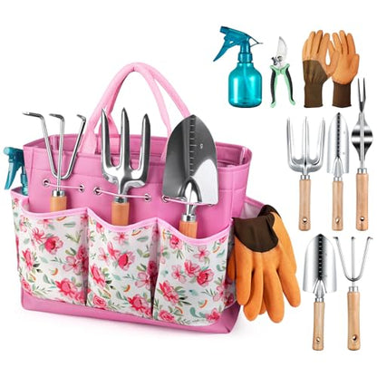 Grenebo 9-Piece Gardening Tools Set with Fashion Handbag, Pink - style: Pink