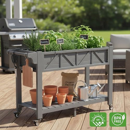 HIPS All-Weather Raised Garden Bed with Legs,47.2"L x 17.3"W x 29.7"H - color: Gray, size: 47.2"L-With Wheels