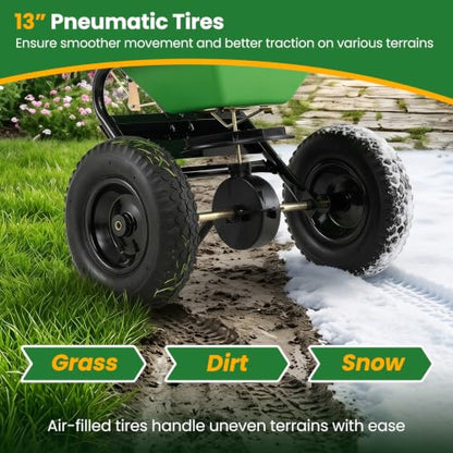 66LBS Walk-Behind Broadcast Spreader with 13" All-Terrain Pneumatic Tires, 6.5FT Spreading Width & Adjustable Flow Control, Push Fertilizer Spreader for Grass Seed, Salt & Ice Melt (Green) - color: Green
