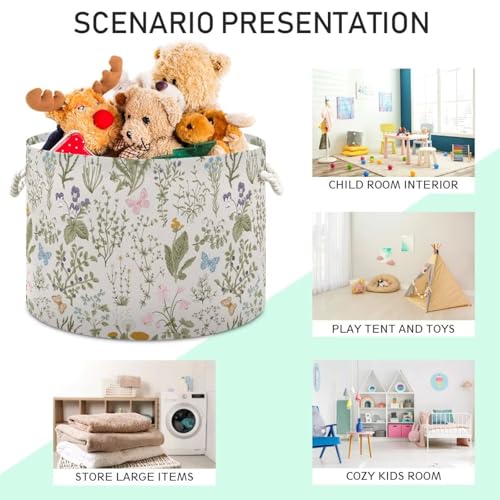 Floral Print Round Storage Basket Collapsible with Handle - color: White Green