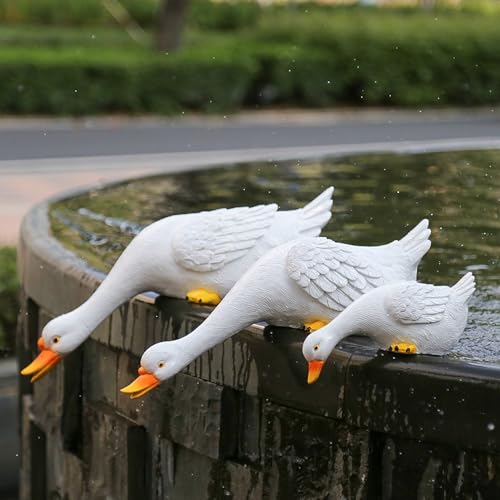 White Duck Figurines, Resin Goose Statues, Set of 3, Outdoor Garden Pond Decor, Realistic Bird Sculptures