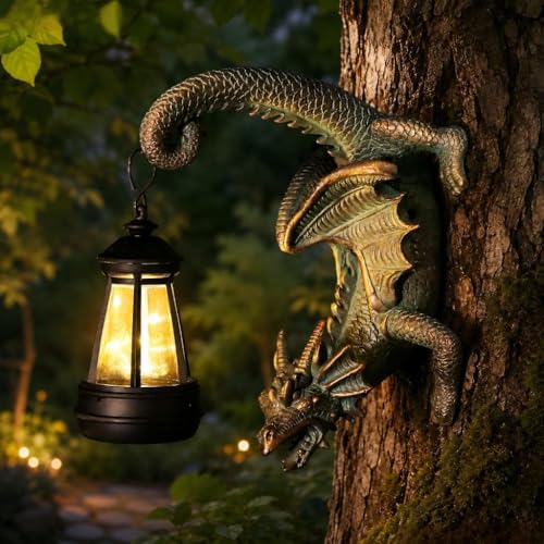 Solar Dragon Tree Hugger Statue Wall Decor:Outdoor Lights Decoration - color: Cyan Blue