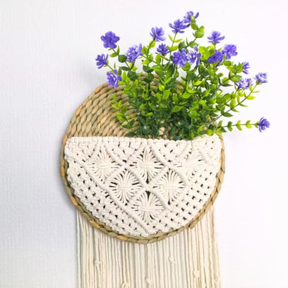 Macrame Wall Basket with Purple Eucalyptus Camellia, Macrame Plant Hanger, Hanging Planter Basket Holder, Boho Wall Decor, Garden Balcony Flower Holder, Home Decor Gift, 10" 31", Cotton Cord