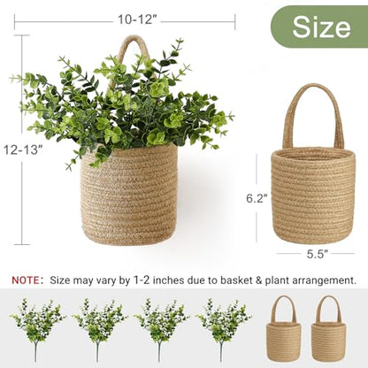 Dahey 2Pcs Woven Hanging Wall Basket 5.5"W×6.2"H with Artificial Eucalyptus - size: 5.5"W×6.2"H