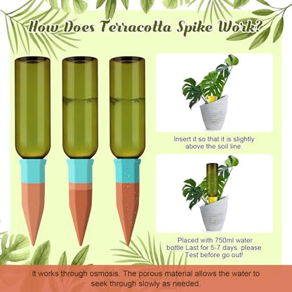 SiliFine 12 Sets Terracotta Watering Spikes,Green and Mixed Color - color: Green and Mixed Color