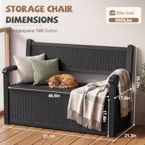 EFU Outdoor Bench Storage Deck Box,100 Gallon Waterproof Wicker - color: Black