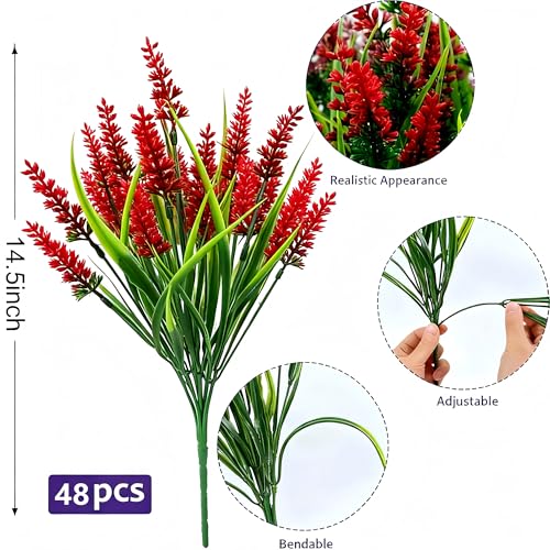 Geegoods 48 Bundles Red Artificial Plants Flowers Outdoor, UV Resistant - color: Red, size: 48PCS