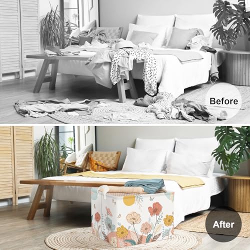 Clastyle 36L Boho Flower Leaf Girls Storage Basket Spring Garden Butterfly Clothes Toy Nursery Bin Collapsible Rectangle Book Shelf Basket for Kids Room