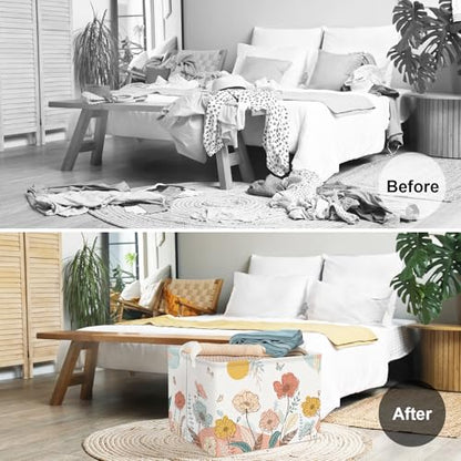 Clastyle 36L Boho Flower Leaf Girls Storage Basket Spring Garden Butterfly Clothes Toy Nursery Bin Collapsible Rectangle Book Shelf Basket for Kids Room