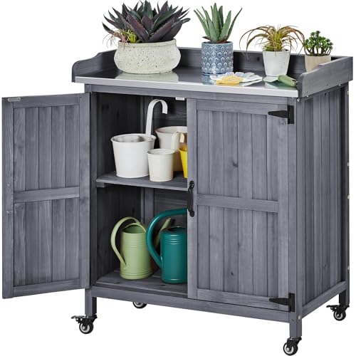 Yaheetech Rolling Potting Bench Outdoor Storage Cabinet, Metal Top, Gray - color: Gray