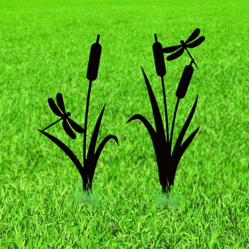 WADORN 2Pcs Cattail Reeds & Dragonfly Metal Decorative Garden Stakes, Black Cattails Silhouette Outdoor Statues Rustic Garden Ornament Gifts Yard Art Decor Stakes for Outdoor Backyard Lawn Walkways - color: Cattail Reeds & Dragonfly