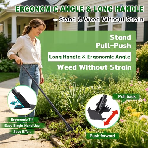 Scuffle Hoe for Weeding - 48" Adjustable Long Handle Action Hoe, Heavy Duty 2-in-1 Push Pull Garden Hoe with Sharp Serrated Blade for Flower Beds, Lawn, Yard and Sidewalks