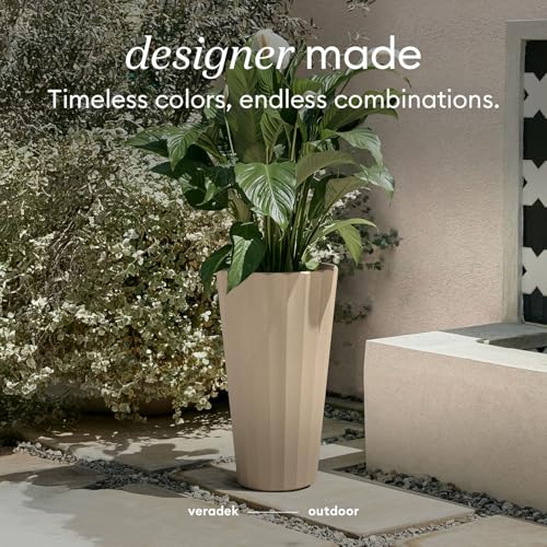 Veradek Column Series Tall Planter - Tapered Outdoor Planter with Shelf - color: Sand, style: Wide Groove - 2 Pack