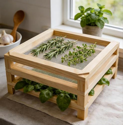 11.8in Square Wooden Herb Drying Rack, Stackable Mesh Countertop Dryer - size: 3-Layer | 11.8" x 5.2" x 11.8"