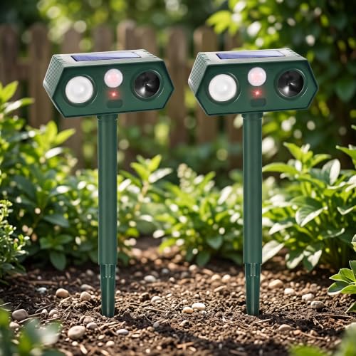 Raccoon Repellent Outdoor 2 Pack, Motion Activated Solar Animal Deterrent for Deer Rabbit Squirrel, 110° PIR Sensor, 13.5–45.5 kHz Ultrasonic, White Flashing Light, IP65 for Garden Yard Lawn